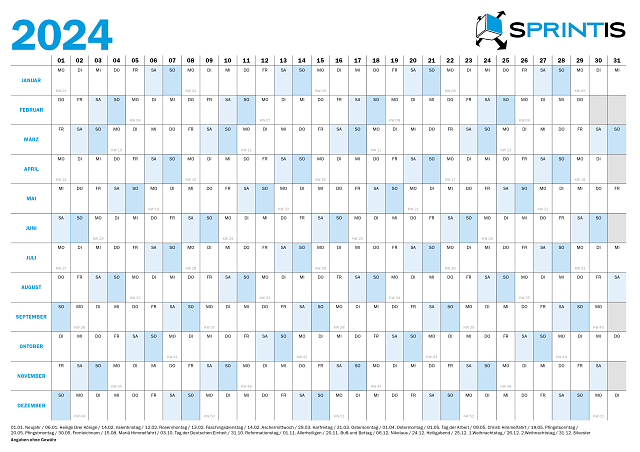 2024 Jahreskalender in Blockform DIN A4