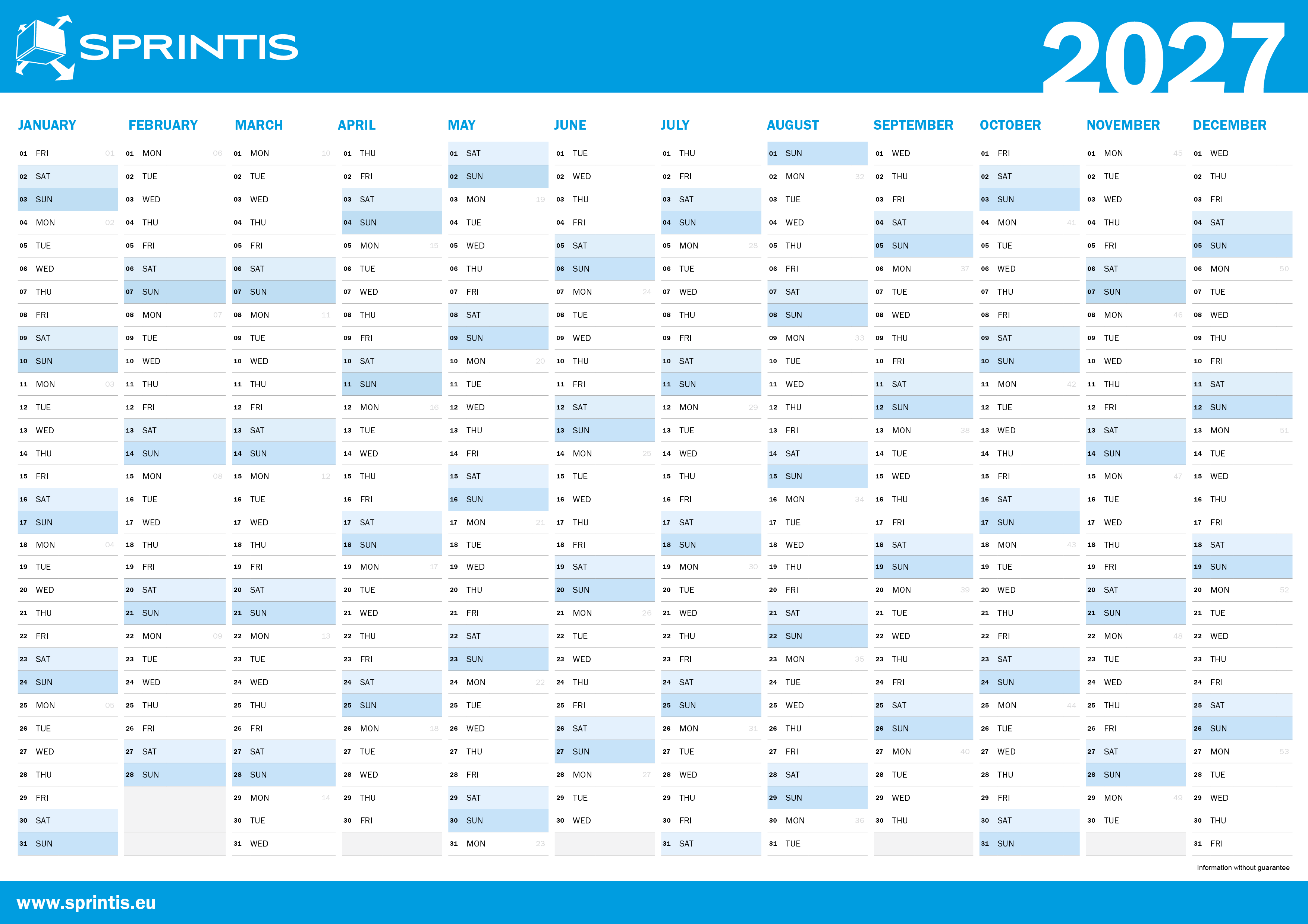 2027 Annual Calendar with Calendar Weeks (DIN A4)