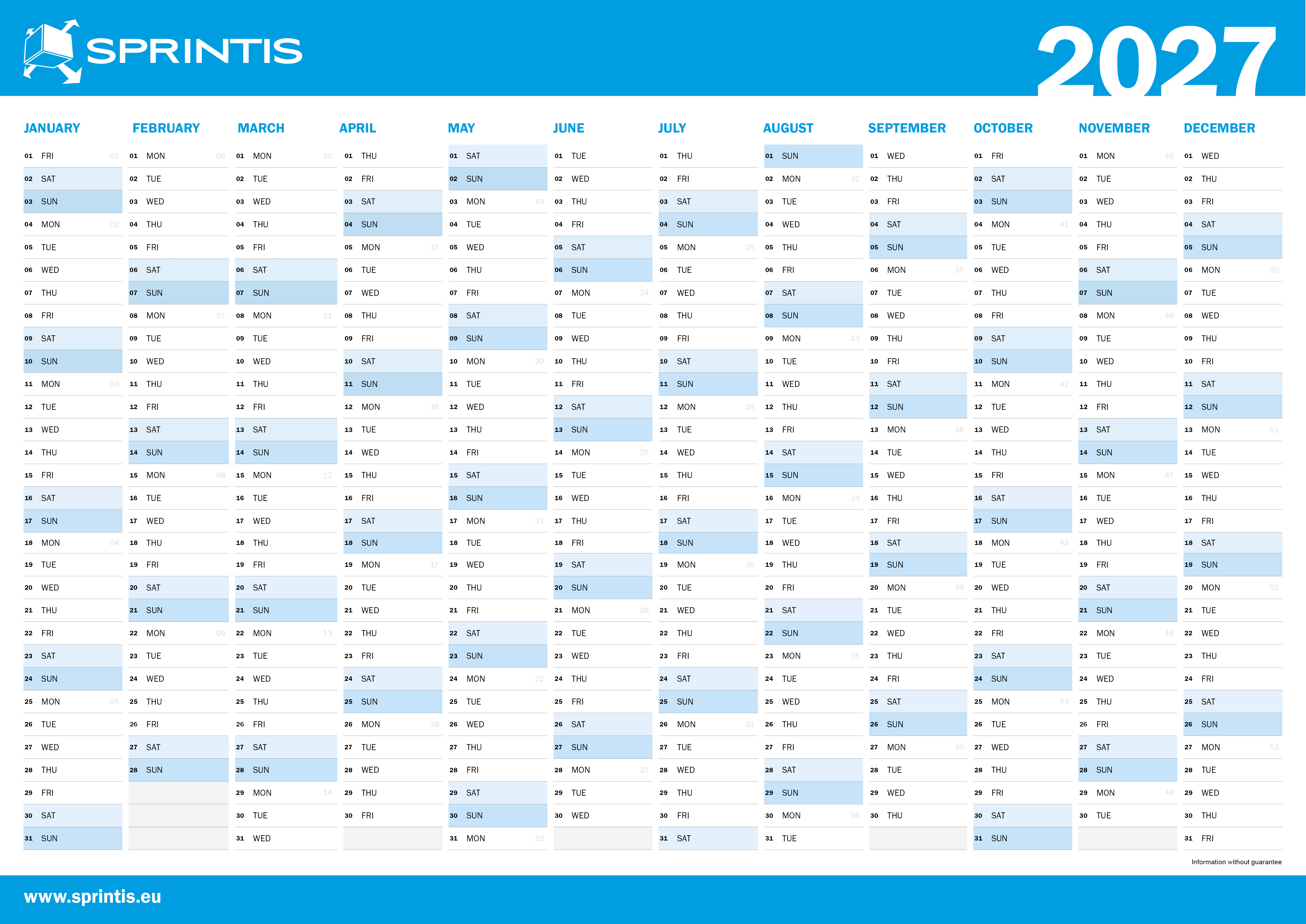 2027 Annual Calendar with Calendar Weeks (DIN A3)