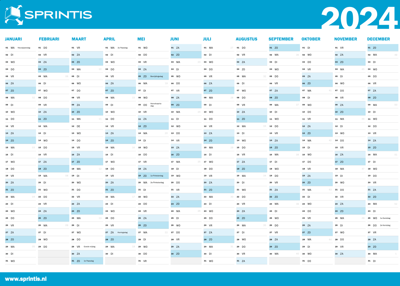 2024 Jahreskalender mit Kalenderwochen DIN A3