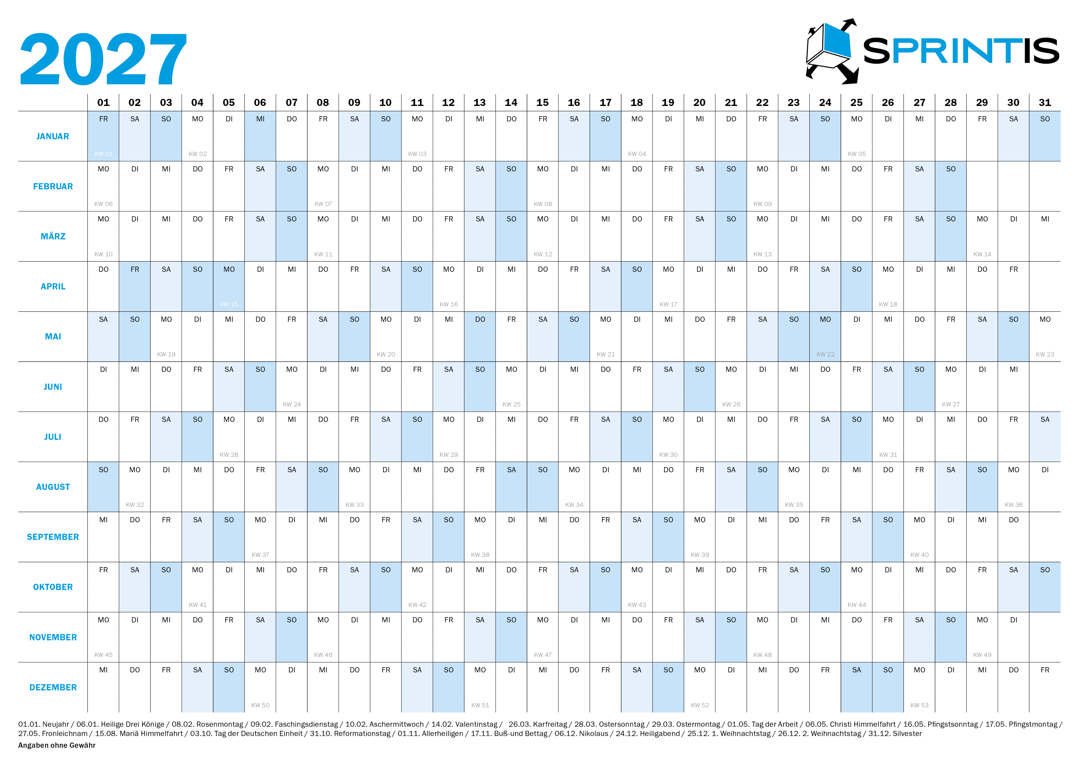 2027 Jahreskalender in Blockform DIN A4