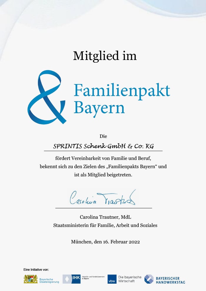 SPRINTIS Schenk GmbH & Co. KG ist Mitglied im Familienpakt Bayern