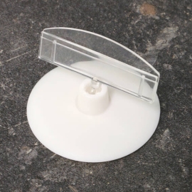 Sign-Clip mit Preishalter und selbstklebendem Tellerfuß (Ø 55 mm), transparent 