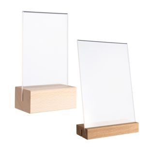 Tischaufsteller MODUL, Acrylglastasche mit Holzsockel 