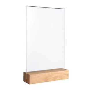 Tischaufsteller MODUL, Acrylglastasche mit Holzsockel A5  | Eiche  | Holzsockel mit geradem Einsteckschlitz 