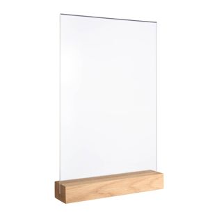 Tischaufsteller MODUL, Acrylglastasche mit Holzsockel A4  | Eiche  | Holzsockel mit geradem Einsteckschlitz 