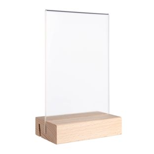 Tischaufsteller MODUL, Acrylglastasche mit Holzsockel Holzsockel mit geradem und schrägem Einsteckschlitz | Buche | A6