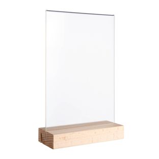 Tischaufsteller MODUL, Acrylglastasche mit Holzsockel A5  | Buche  | Holzsockel mit geradem und schrägem Einsteckschlitz 
