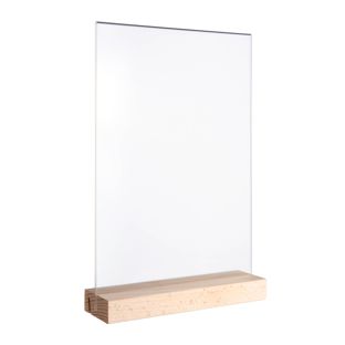 Tischaufsteller MODUL, Acrylglastasche mit Holzsockel Holzsockel mit geradem und schrägem Einsteckschlitz | Buche | A4