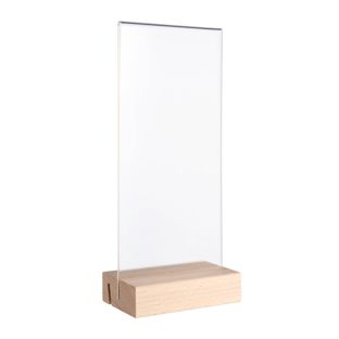 Tischaufsteller MODUL, Acrylglastasche mit Holzsockel Holzsockel mit geradem und schrägem Einsteckschlitz | Buche | 1/3 A4