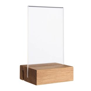 Tischaufsteller MODUL, Acrylglastasche mit Holzsockel A7  | Eiche  | Holzsockel mit geradem und schrägem Einsteckschlitz 