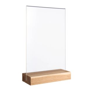 Tischaufsteller MODUL, Acrylglastasche mit Holzsockel Holzsockel mit geradem und schrägem Einsteckschlitz | Eiche | A5