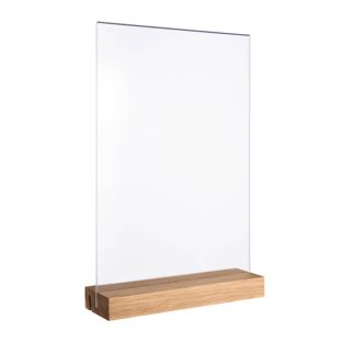 Tischaufsteller MODUL, Acrylglastasche mit Holzsockel A4  | Eiche  | Holzsockel mit geradem und schrägem Einsteckschlitz 