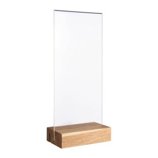 Tischaufsteller MODUL, Acrylglastasche mit Holzsockel Holzsockel mit geradem und schrägem Einsteckschlitz | Eiche | 1/3 A4