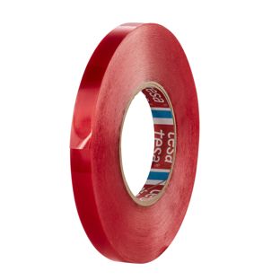 tesa 4965, Doppelseitiges PET-Klebeband, sehr starker Acrylatklebstoff, rote Folienabdeckung 15 mm