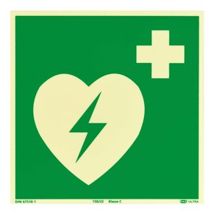 Rettungszeichen Defibrillator langnachleuchtend, Kunststoff, ISO 7010 200 x 200 mm 