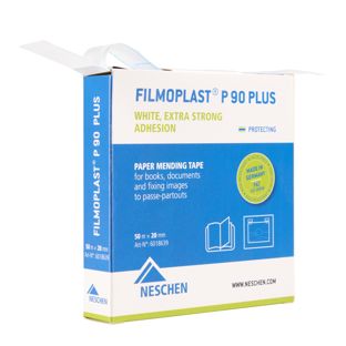 filmoplast® P 90 plus, Papier-Reparaturband selbstklebend, verstärkt und repariert die Verbindung von Buchdeckel und Buchblock, stark reißfest und weiß, extra stark klebend, 2 cm Breit, Rolle mit 50 m 