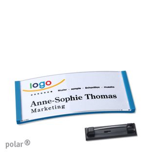 Namensschild mit Nadel polar® mittelblau | 65 x 30 mm