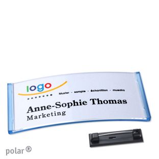 Namensschild mit Nadel polar® transluzent, blau | 74 x 34 mm
