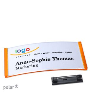 Namensschild mit Nadel polar® transluzent, orange | 74 x 34 mm