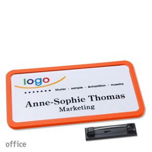 Namensschild mit Nadel OFFICE orange | 75 x 37 mm