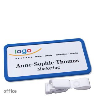 Namensschild mit Clip office Hängerclip metallfrei | blau | 75 x 37 mm