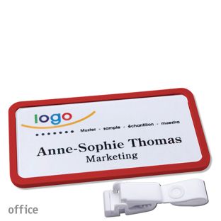 Namensschild mit Clip office Hängerclip metallfrei | rot | 75 x 37 mm