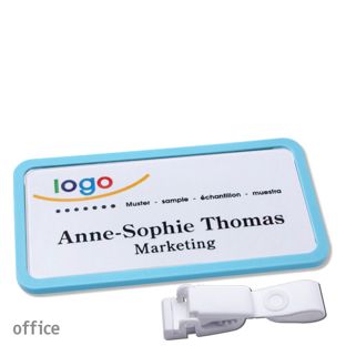 Namensschild mit Clip office Hängerclip metallfrei | pastellblau | 75 x 37 mm