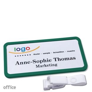 Namensschild mit Clip office Hängerclip metallfrei | grün | 75 x 37 mm
