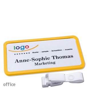 Namensschild mit Clip office Hängerclip metallfrei | gelb | 75 x 37 mm