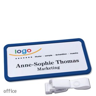 Namensschild mit Clip office Hängerclip metallfrei | dunkelblau | 75 x 37 mm