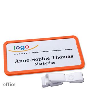 Namensschild mit Clip office Hängerclip metallfrei | orange | 75 x 37 mm