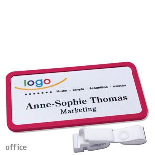 Namensschild mit Clip office Hängerclip metallfrei | lila | 75 x 37 mm
