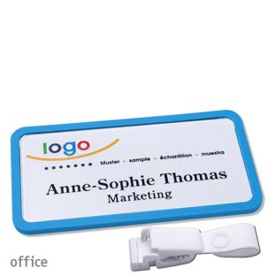 Namensschild mit Clip office Hängerclip metallfrei | mittelblau | 75 x 37 mm