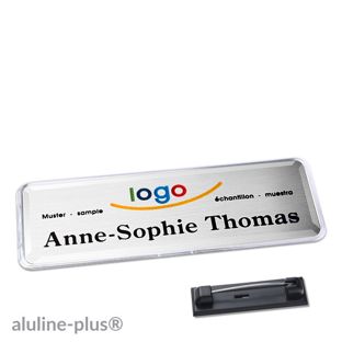 Namensschild mit Nadel aluline-plus® silber | 76 x 25 mm