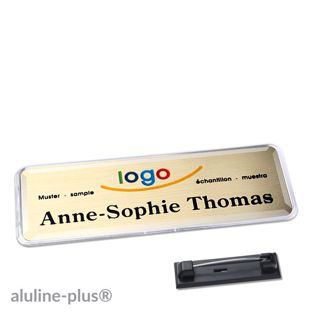 Namensschild mit Nadel aluline-plus® gold | 76 x 25 mm