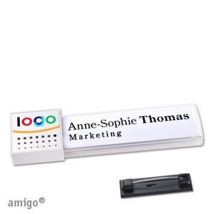 Namensschilder amigo® alu-print Magnet square | Edelstahl-Rastnadel | weiß | silber | weiß