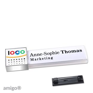 Namensschilder amigo® alu-print Magnet square | Edelstahl-Rastnadel | weiß | weiß | chrom