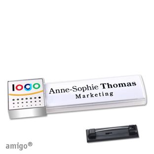Namensschilder amigo® alu-print Magnet square | Edelstahl-Rastnadel | weiß | silber | chrom