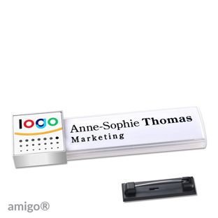 Namensschilder amigo® alu-print Magnet square | Edelstahl-Rastnadel | weiß | weiß | edelstahl