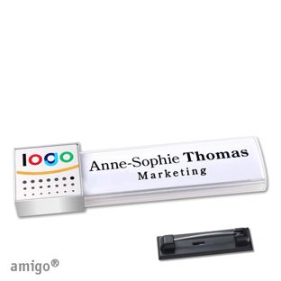Namensschilder amigo® alu-print Magnet square | Edelstahl-Rastnadel | weiß | silber | edelstahl