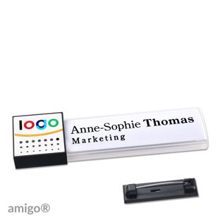 Namensschilder amigo® alu-print Magnet square | Edelstahl-Rastnadel | weiß | weiß | anthrazit