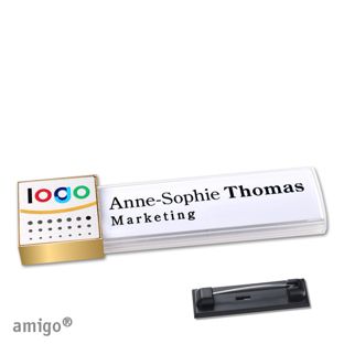 Namensschilder amigo® alu-print Magnet square | Edelstahl-Rastnadel | weiß | silber | gold