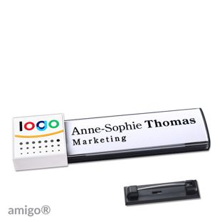Namensschilder amigo® alu-print Magnet square | Edelstahl-Rastnadel | anthrazit | weiß | weiß