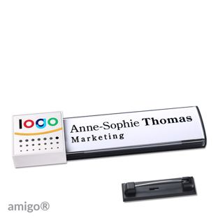 Namensschilder amigo® alu-print Magnet square | Edelstahl-Rastnadel | anthrazit | silber | weiß