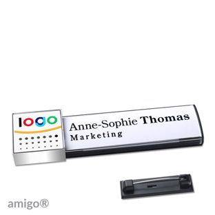 Namensschilder amigo® alu-print Magnet square | Edelstahl-Rastnadel | anthrazit | weiß | chrom