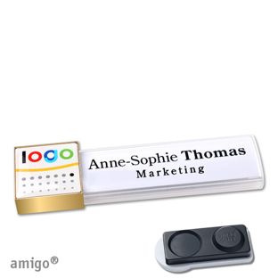Namensschilder amigo® doming Magnet square | smag® Magnet, extra stark | weiß | gold