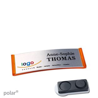 Namensschilder polar® alu-complete magnet smag® Magnet, extra stark | transluzent, orange | silber | 64 x 22 mm