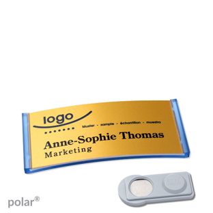 Namensschilder polar® alu-complete magnet smag® Magnet | transluzent, blau | gold | 65 x 30 mm
