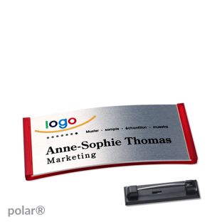 Namensschilder polar® alu-complete Nadel transluzent, rot | silber | 65 x 30 mm